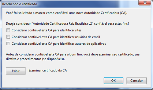 Opções do certificado digital